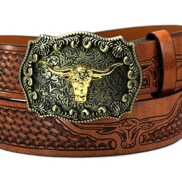 Brown Leather Belt with Gold Buckle - Picture 1 of 6